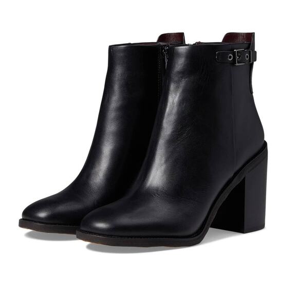 NEW Franco Sarto Rivet Black Leather Zip Up Chunky Block Heel Bootie Ankle Boot - Picture 1 of 14